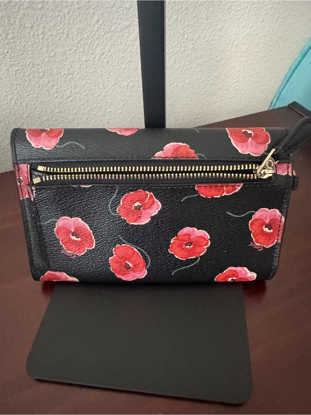 Coach Black Wallet with Red and Pink Floral Print